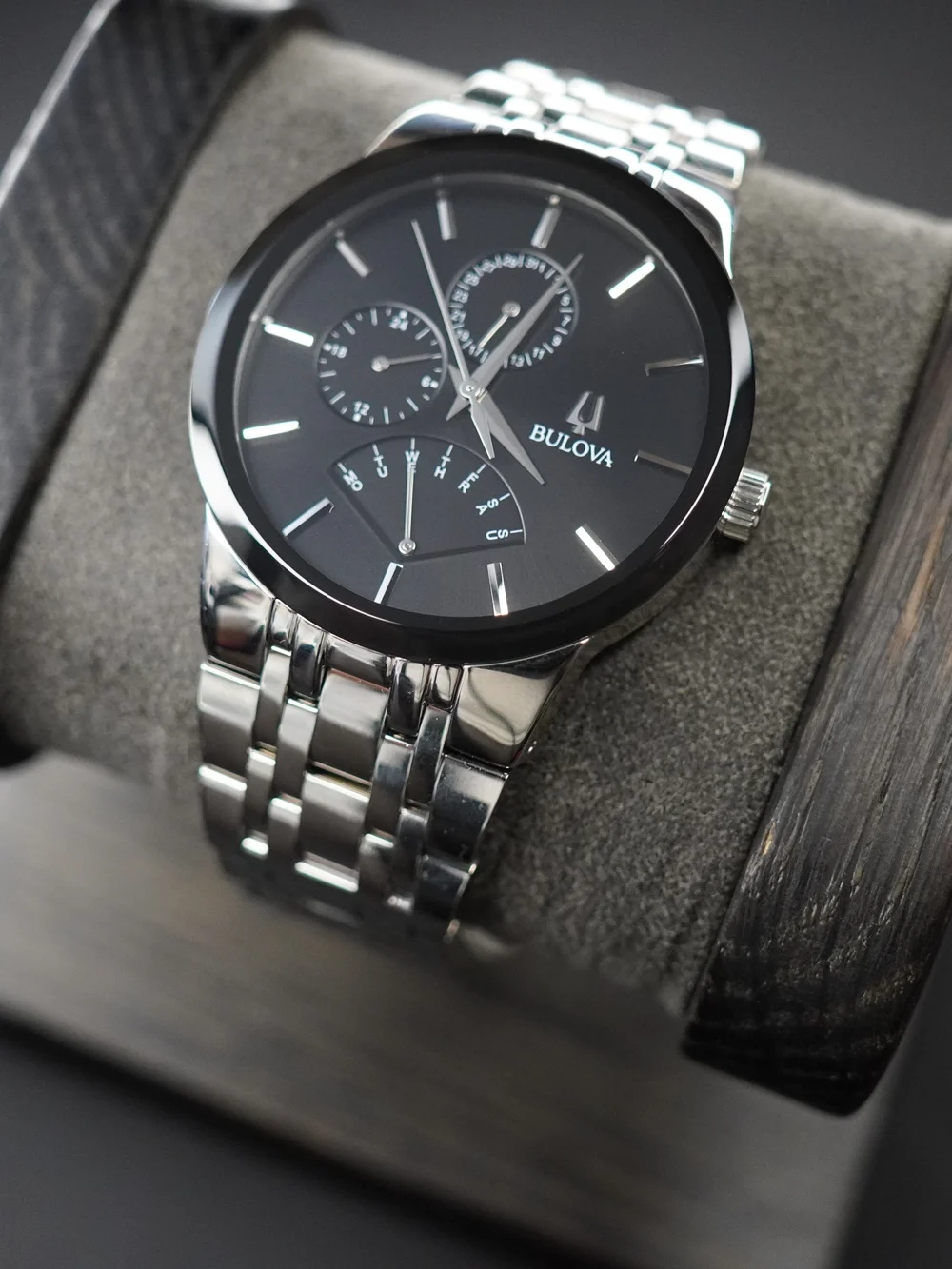 Bulova 96C144 Quartz Multifunction Day-Date Black Dial Stainless Steel Watch